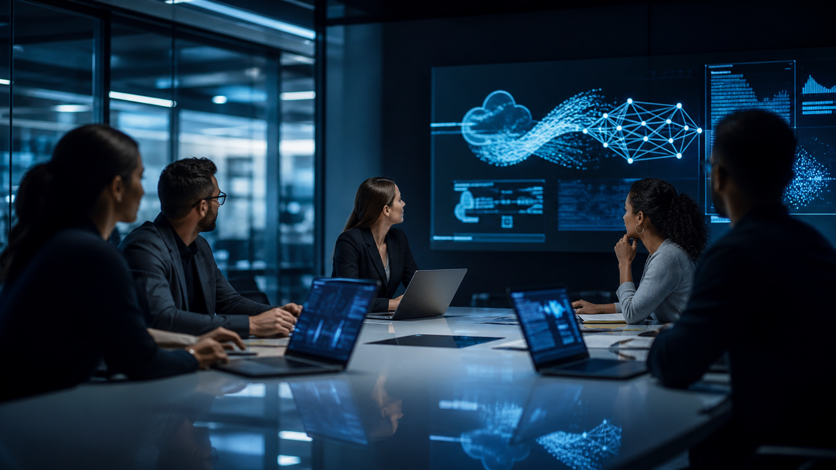Equipo corporativo revisando soluciones de inteligencia artificial